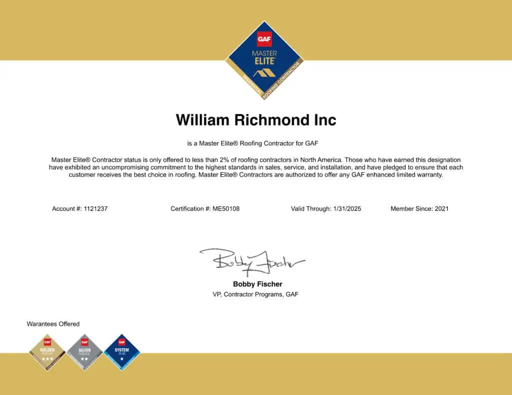 Certificate of Master Elite Roofing Contractor status