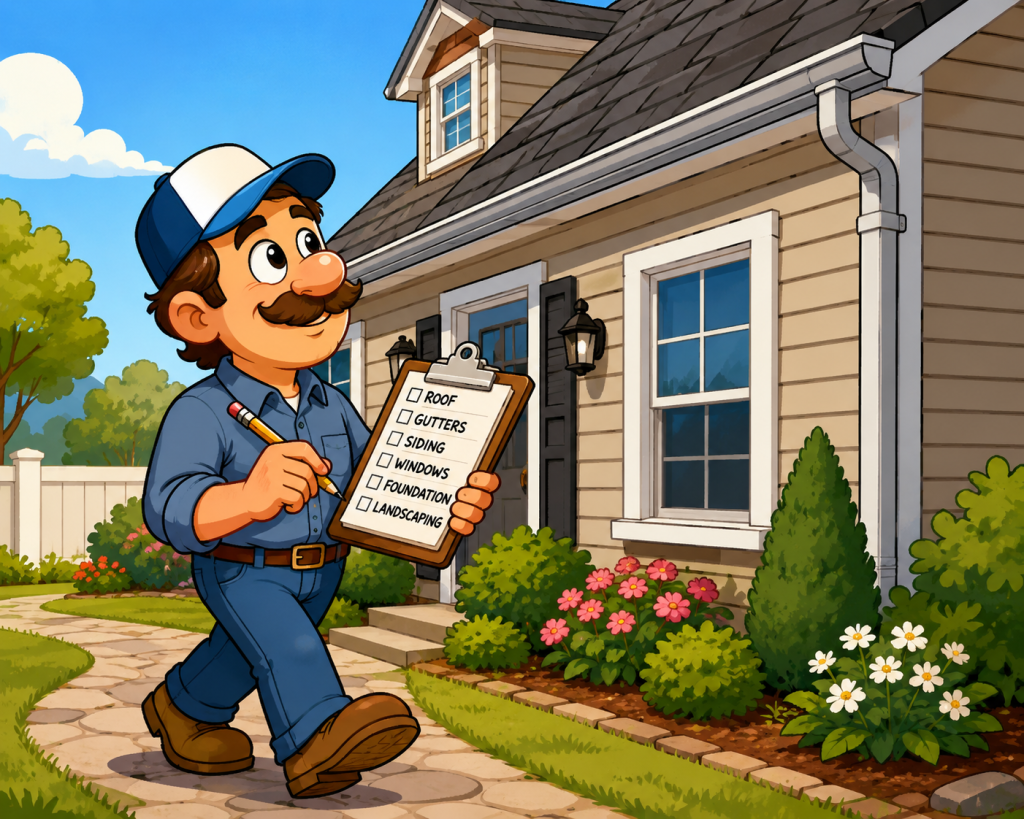 Illustration of technician doing an inspection on a house